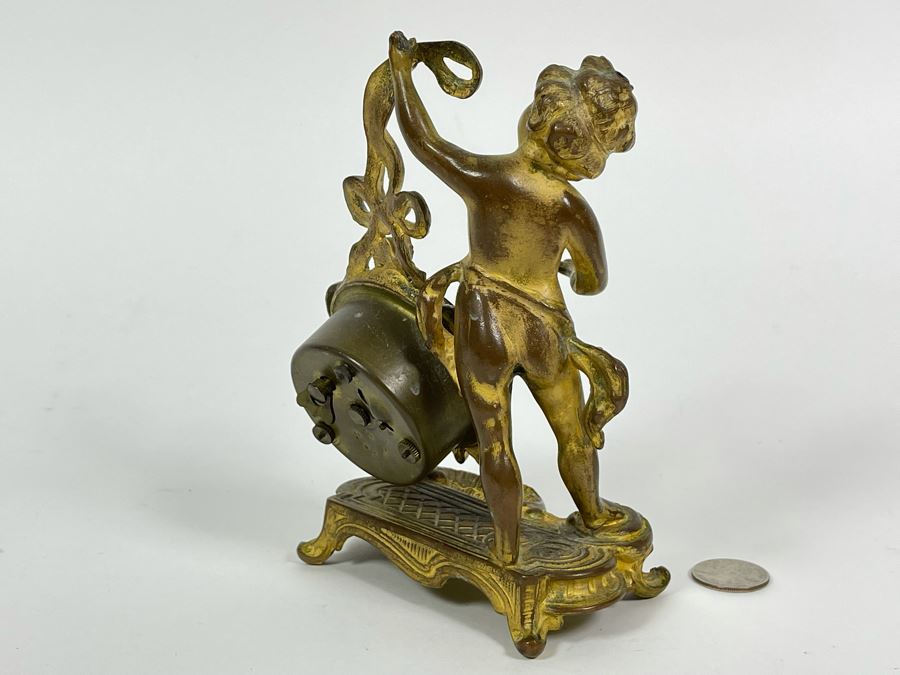 Antique French Working Mechanical Desk Clock With A Figure Of A Boy Gilded Bronze Metal MSB MFG CO 4.5W X 3.25D X 7H [Photo 11]
