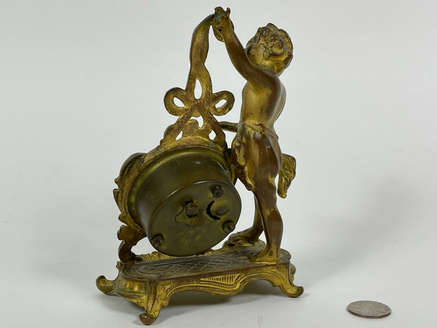 Antique French Working Mechanical Desk Clock With A Figure Of A Boy Gilded Bronze Metal MSB MFG CO 4.5W X 3.25D X 7H [Photo 10]