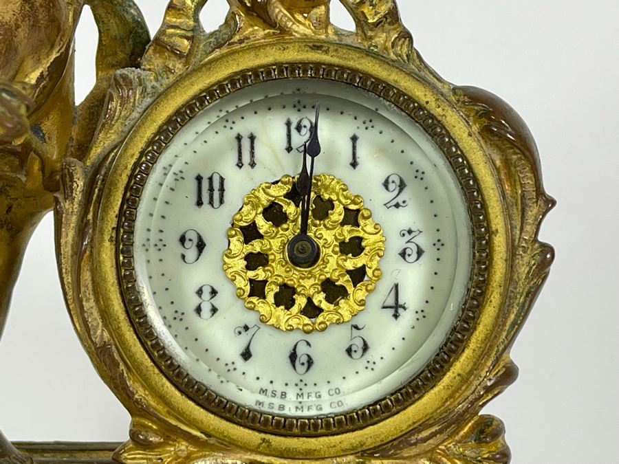 Antique French Working Mechanical Desk Clock With A Figure Of A Boy Gilded Bronze Metal MSB MFG CO 4.5W X 3.25D X 7H [Photo 3]