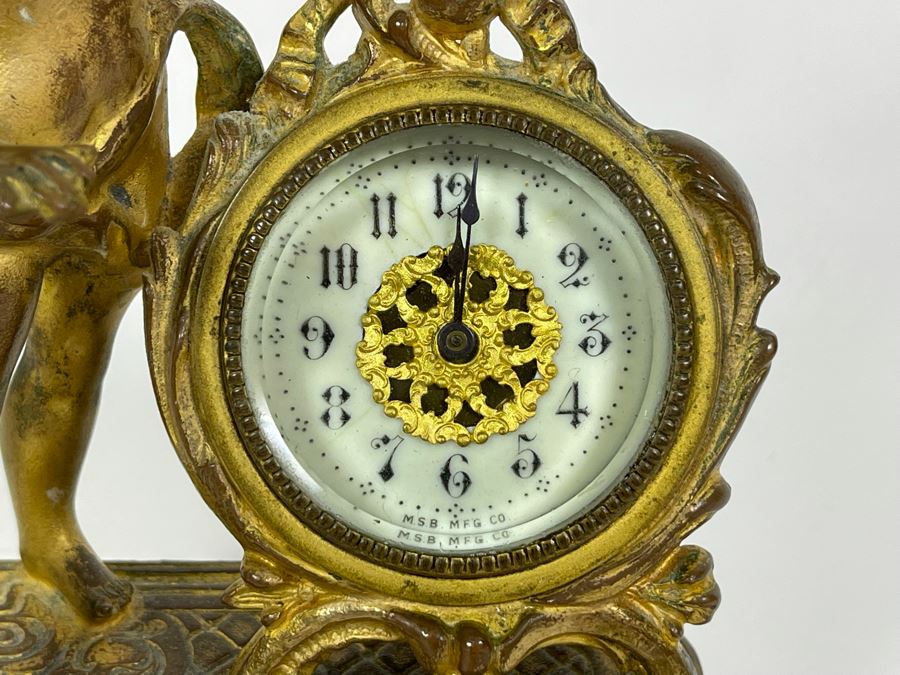 Antique French Working Mechanical Desk Clock With A Figure Of A Boy Gilded Bronze Metal MSB MFG CO 4.5W X 3.25D X 7H [Photo 4]