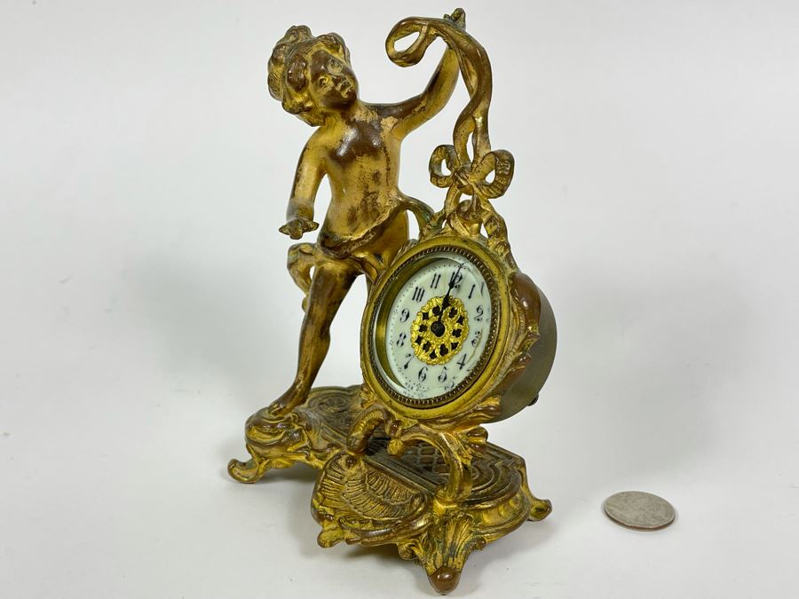 Antique French Working Mechanical Desk Clock With A Figure Of A Boy Gilded Bronze Metal MSB MFG CO 4.5W X 3.25D X 7H [Photo 8]