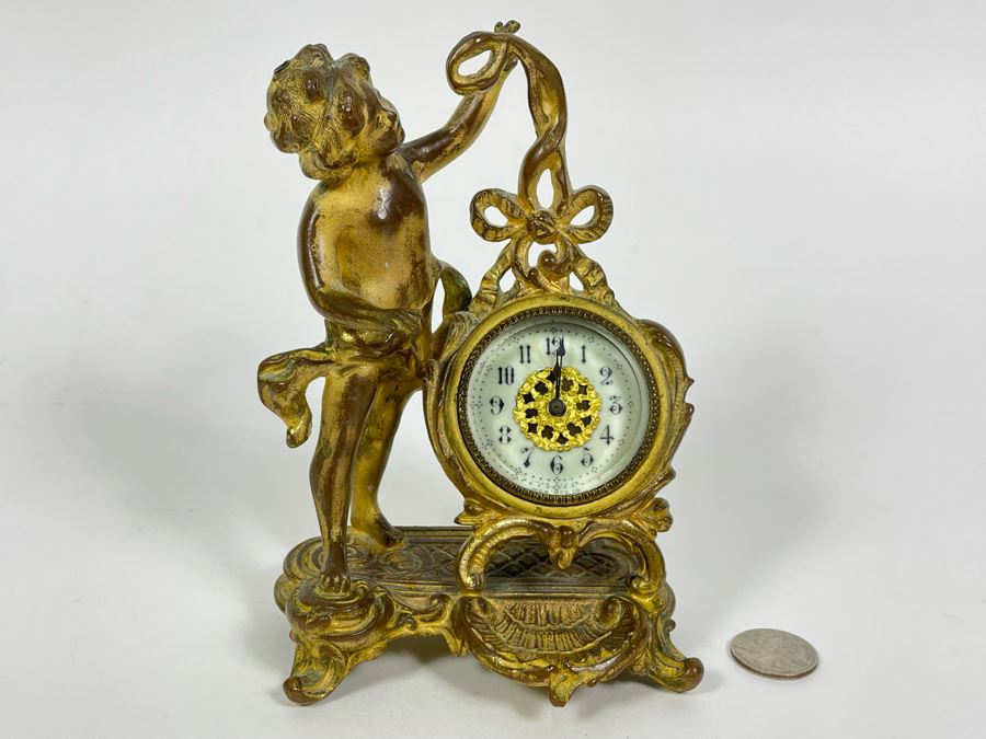 Antique French Working Mechanical Desk Clock With A Figure Of A Boy Gilded Bronze Metal MSB MFG CO 4.5W X 3.25D X 7H [Photo 2]
