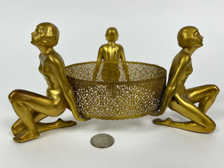 Art Deco Stand Of Three Gilt Metal Women Supporting Stand From Germany 9W X 4.5H [Photo 10]