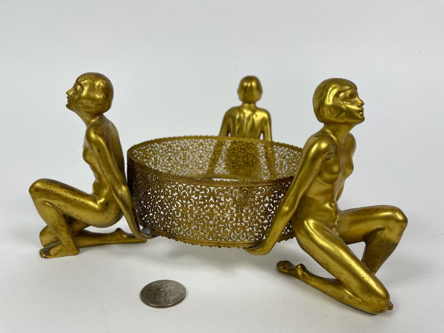 Art Deco Stand Of Three Gilt Metal Women Supporting Stand From Germany 9W X 4.5H [Photo 3]
