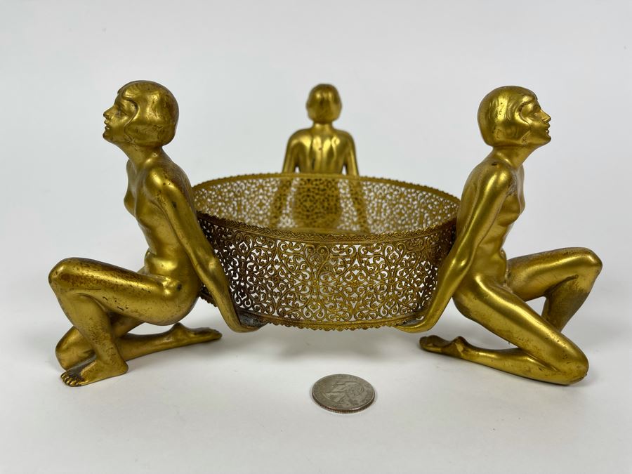 Art Deco Stand Of Three Gilt Metal Women Supporting Stand From Germany 9W X 4.5H [Photo 4]