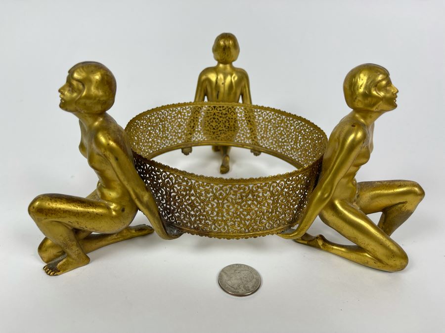 Art Deco Stand Of Three Gilt Metal Women Supporting Stand From Germany 9W X 4.5H [Photo 6]