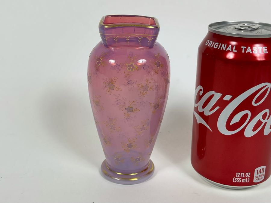 Vintage Hand Painted Pink Glass Vase 5H [Photo 2]