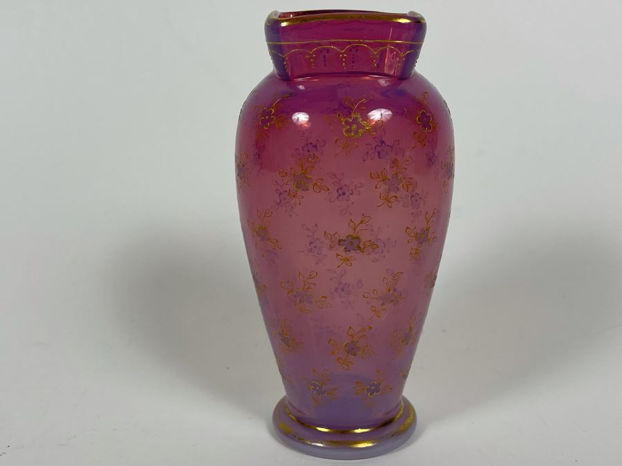 Vintage Hand Painted Pink Glass Vase 5H [Photo 4]
