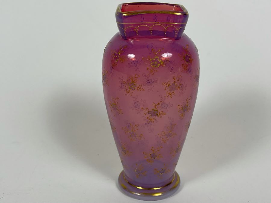 Vintage Hand Painted Pink Glass Vase 5H [Photo 3]