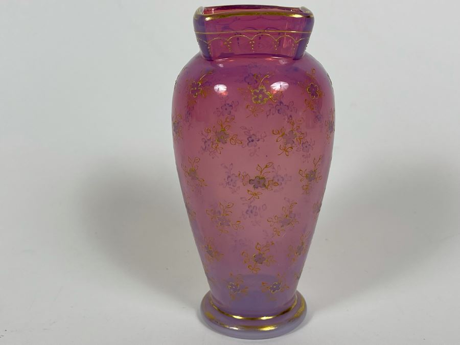 Vintage Hand Painted Pink Glass Vase 5H