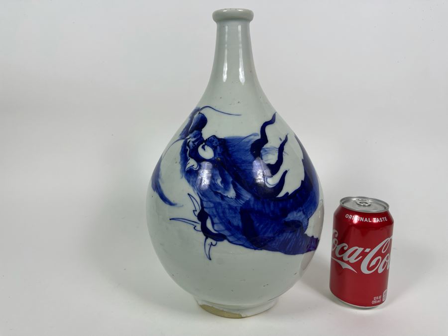 Antique Chinese Blue And White Finely Painted Dragon Porcelain Vase 13.5H [Photo 20]