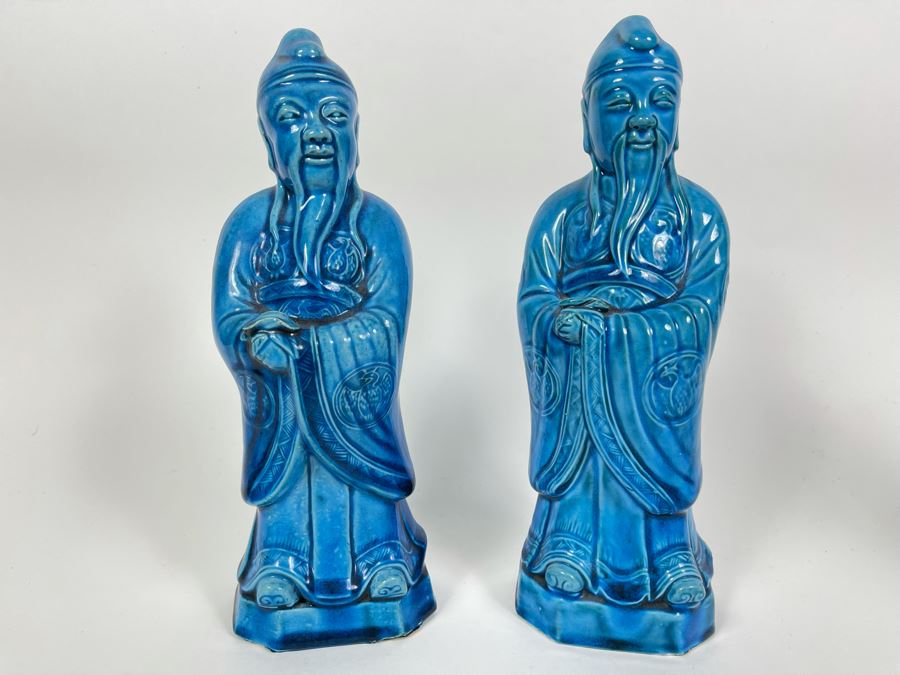 Pair Of Vintage Chinese Blue Glazed Porcelain Figures 10.5H [Photo 3]