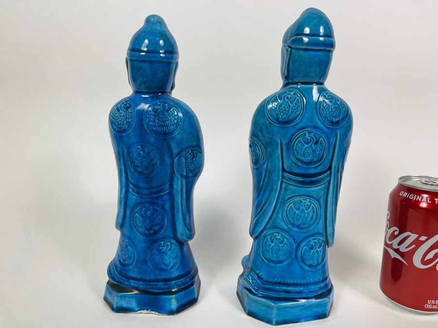 Pair Of Vintage Chinese Blue Glazed Porcelain Figures 10.5H [Photo 6]