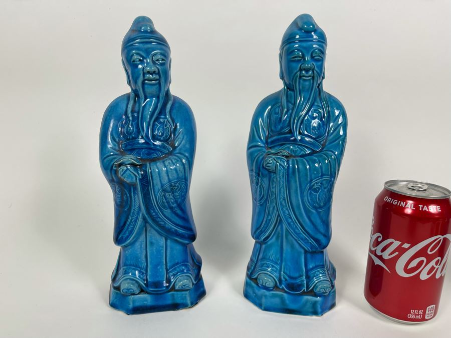 Pair Of Vintage Chinese Blue Glazed Porcelain Figures 10.5H [Photo 4]