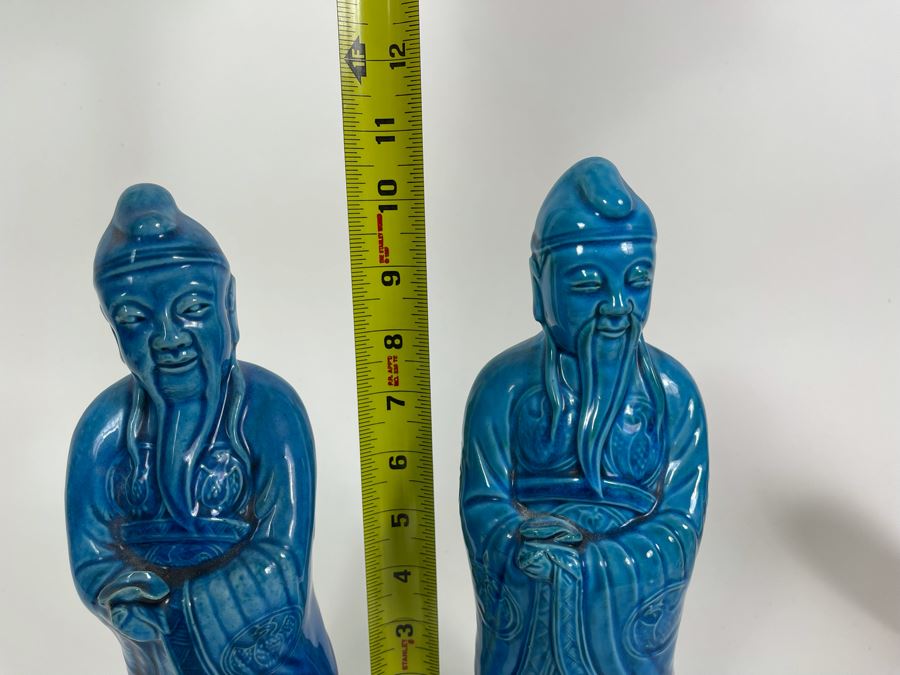 Pair Of Vintage Chinese Blue Glazed Porcelain Figures 10.5H [Photo 12]