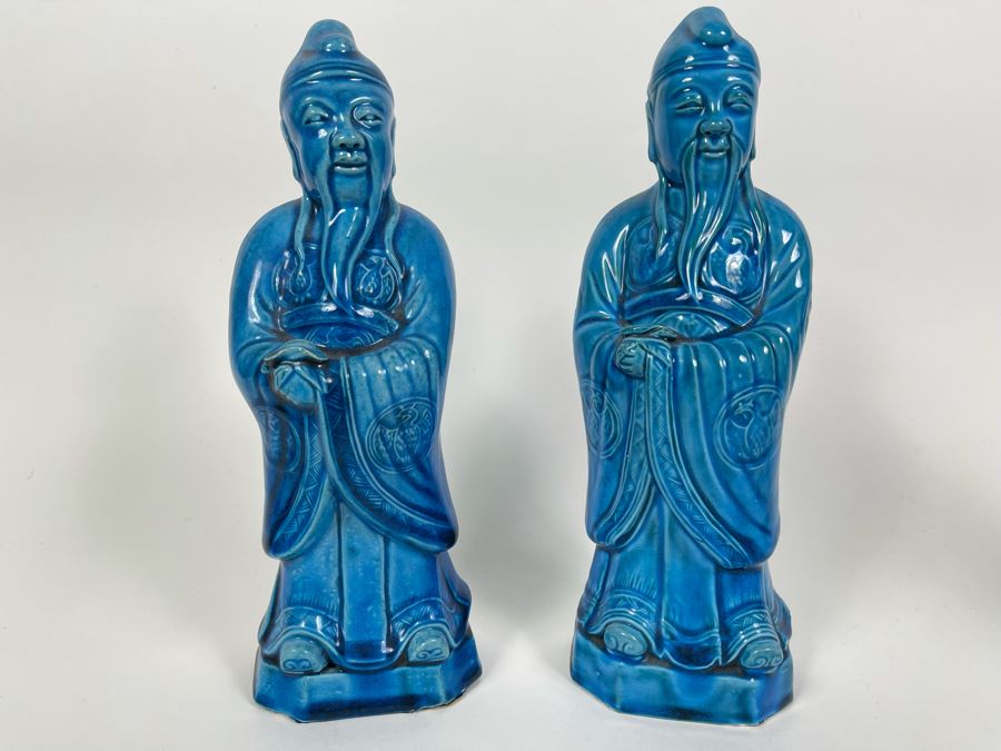 Pair Of Vintage Chinese Blue Glazed Porcelain Figures 10.5H [Photo 2]
