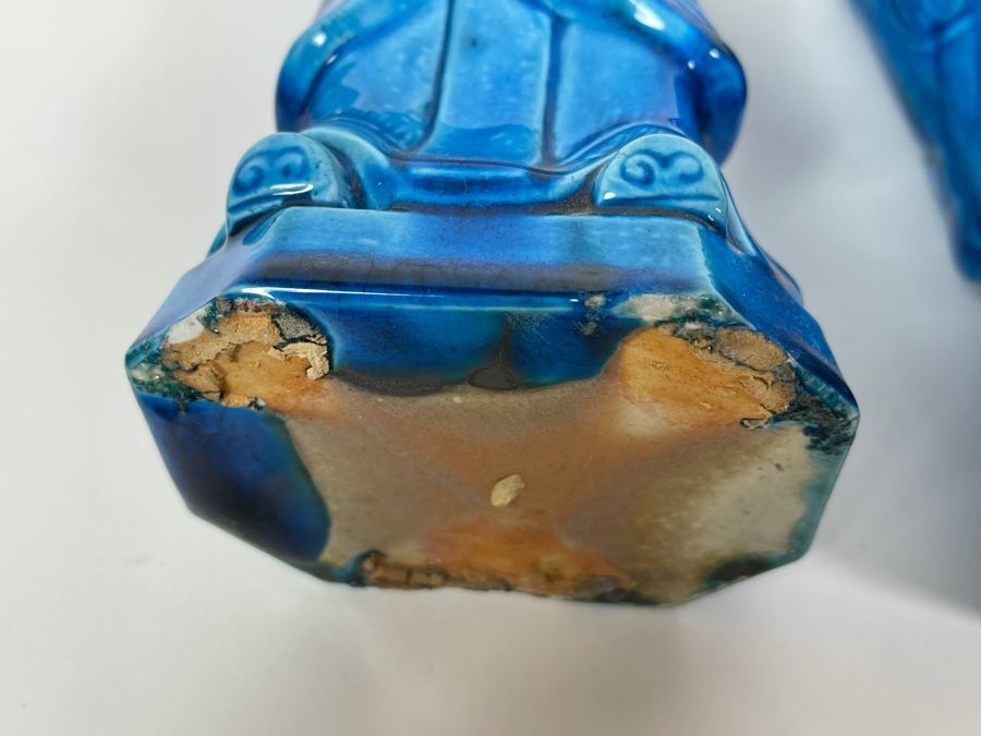 Pair Of Vintage Chinese Blue Glazed Porcelain Figures 10.5H [Photo 11]