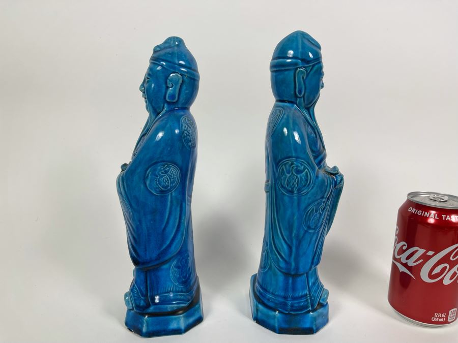 Pair Of Vintage Chinese Blue Glazed Porcelain Figures 10.5H [Photo 7]