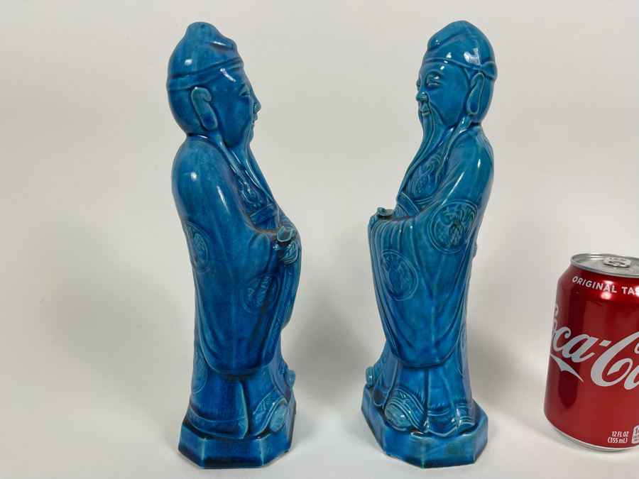 Pair Of Vintage Chinese Blue Glazed Porcelain Figures 10.5H [Photo 5]