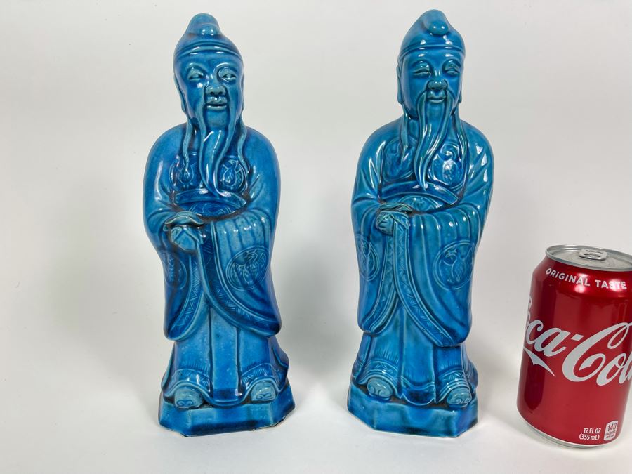 Pair Of Vintage Chinese Blue Glazed Porcelain Figures 10.5H [Photo 1]