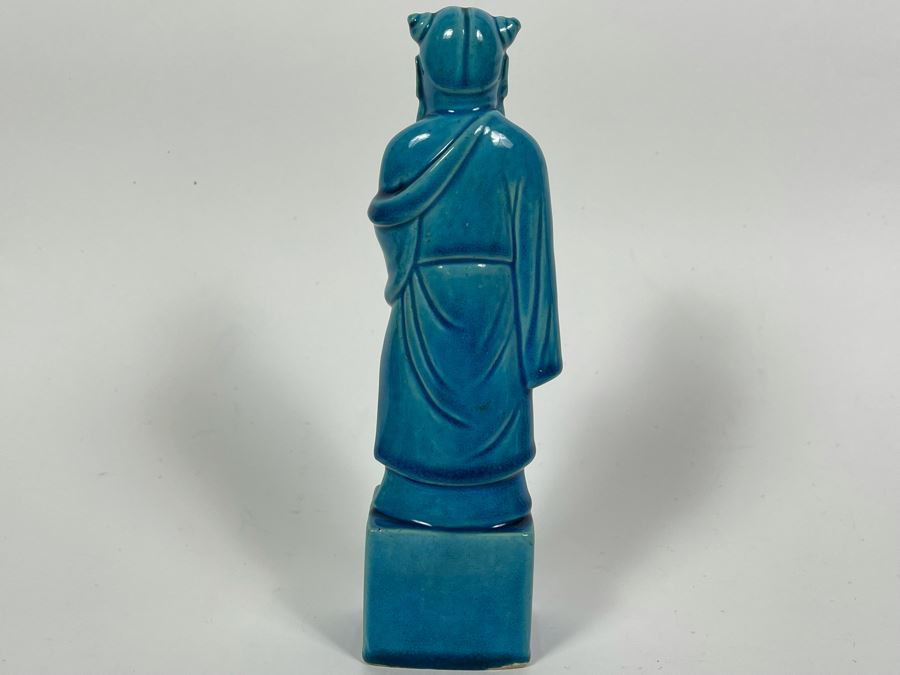 Signed Vintage Chinese Blue Glazed Porcelain Figure 9.5H [Photo 6]