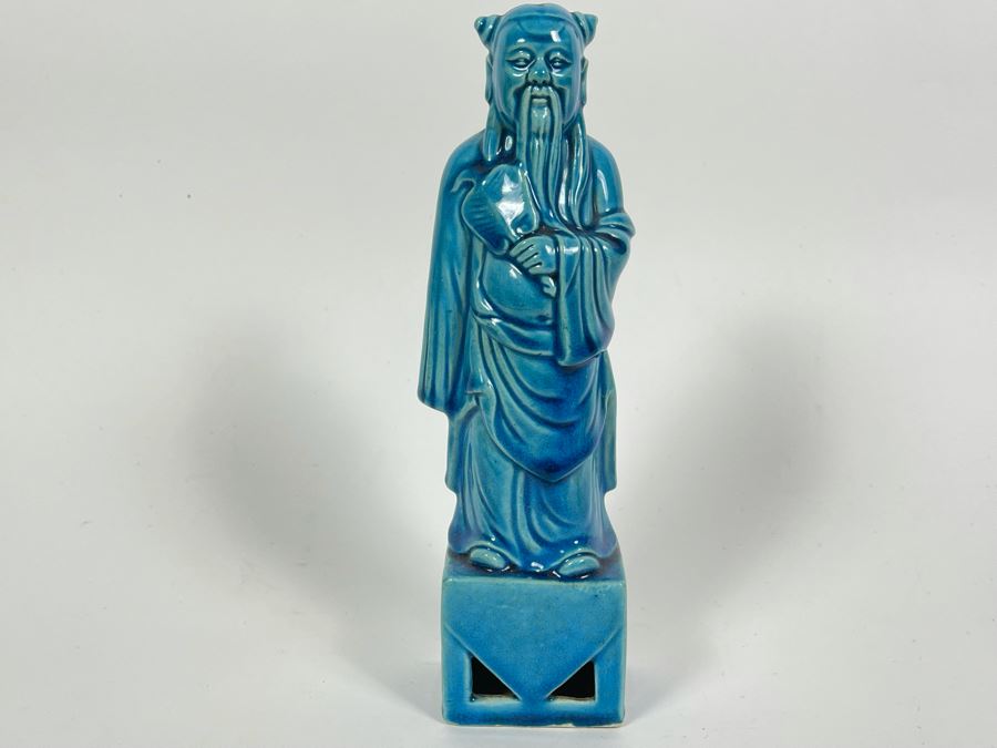 Signed Vintage Chinese Blue Glazed Porcelain Figure 9.5H [Photo 4]