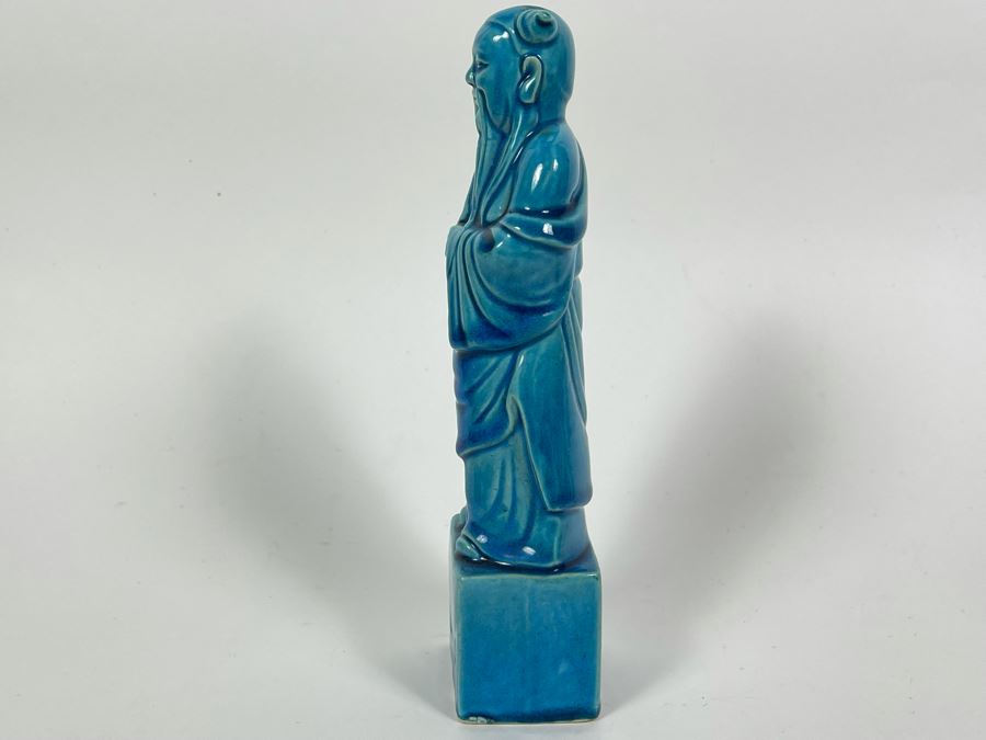 Signed Vintage Chinese Blue Glazed Porcelain Figure 9.5H [Photo 7]