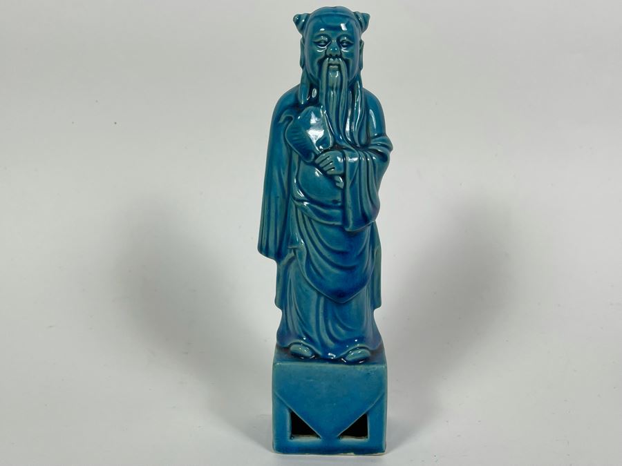Signed Vintage Chinese Blue Glazed Porcelain Figure 9.5H [Photo 3]