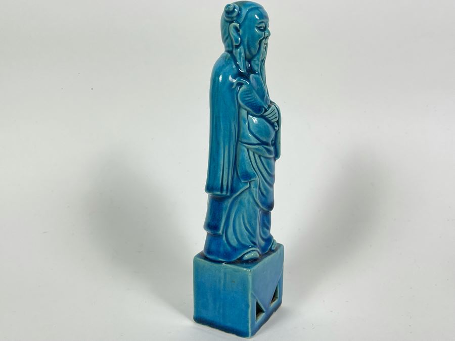 Signed Vintage Chinese Blue Glazed Porcelain Figure 9.5H [Photo 5]