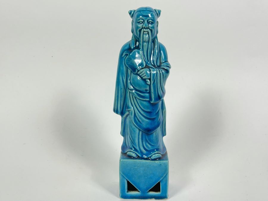 Signed Vintage Chinese Blue Glazed Porcelain Figure 9.5H [Photo 2]