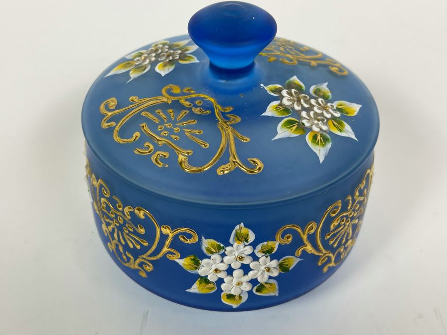 Vintage Hand Painted Blue Glass Powder Vanity Jar 5.5W X 5H [Photo 3]