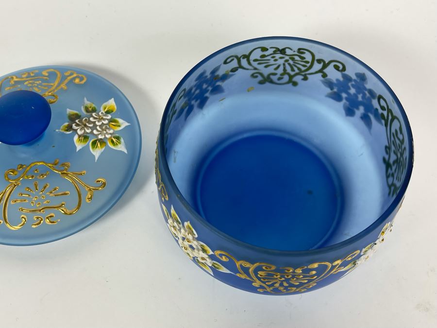 Vintage Hand Painted Blue Glass Powder Vanity Jar 5.5W X 5H [Photo 6]