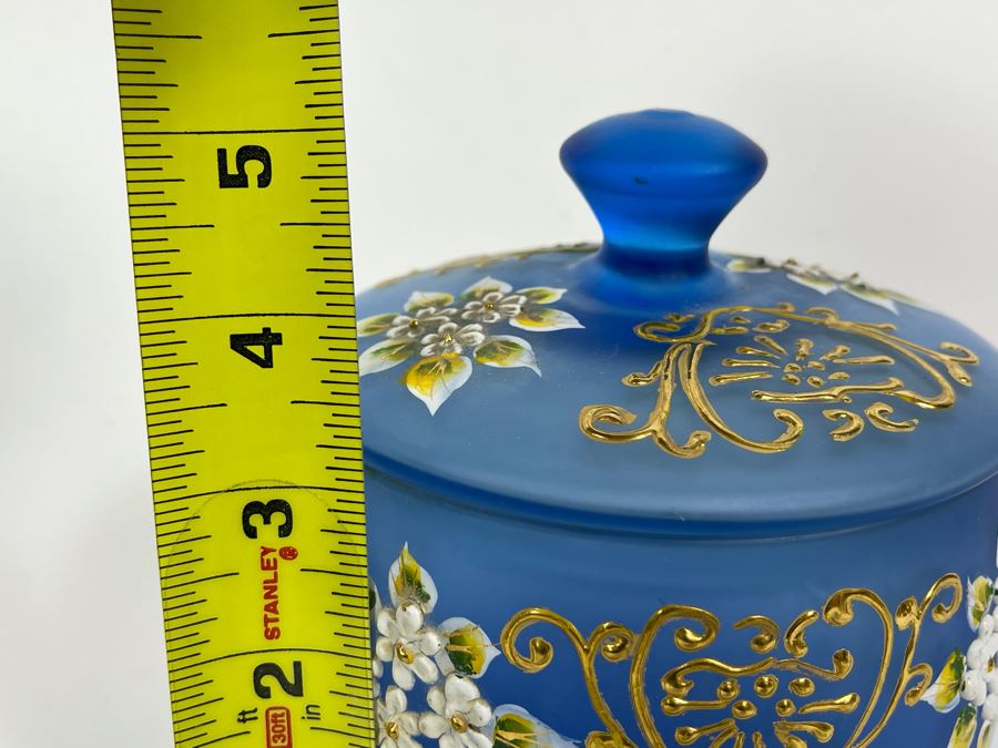 Vintage Hand Painted Blue Glass Powder Vanity Jar 5.5W X 5H [Photo 7]