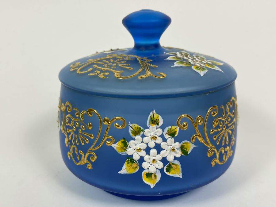 Vintage Hand Painted Blue Glass Powder Vanity Jar 5.5W X 5H [Photo 1]