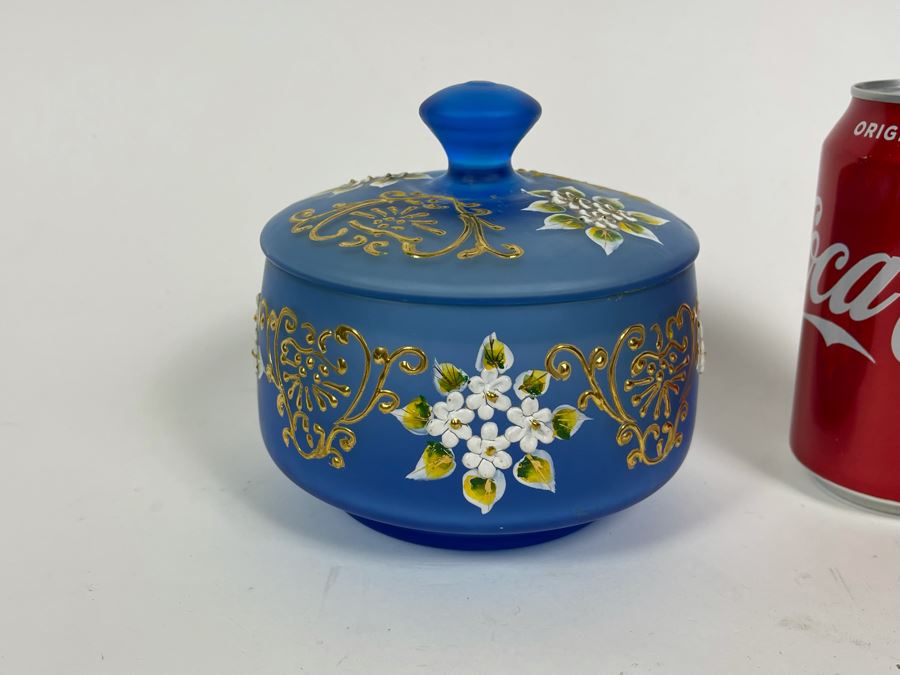 Vintage Hand Painted Blue Glass Powder Vanity Jar 5.5W X 5H [Photo 4]