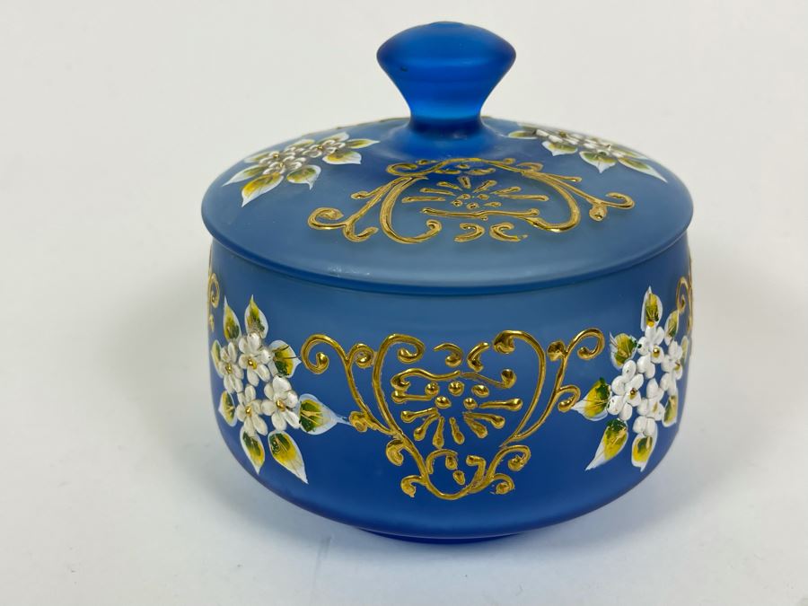 Vintage Hand Painted Blue Glass Powder Vanity Jar 5.5W X 5H [Photo 5]