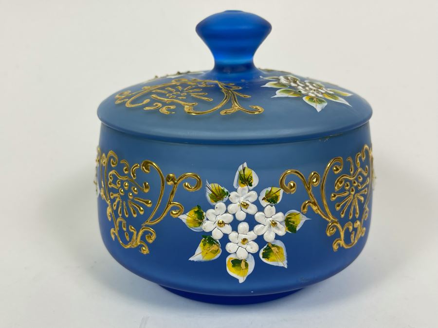 Vintage Hand Painted Blue Glass Powder Vanity Jar 5.5W X 5H [Photo 2]
