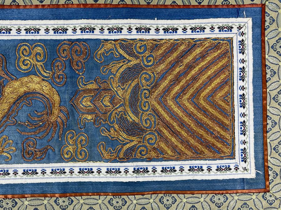 Impressive Chinese Dragon Gold Silk Embroidery On Blue Background 9W X 25L [Photo 3]