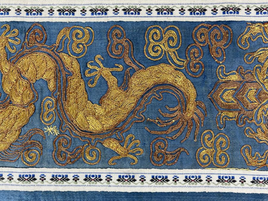 Impressive Chinese Dragon Gold Silk Embroidery On Blue Background 9W X 25L [Photo 5]