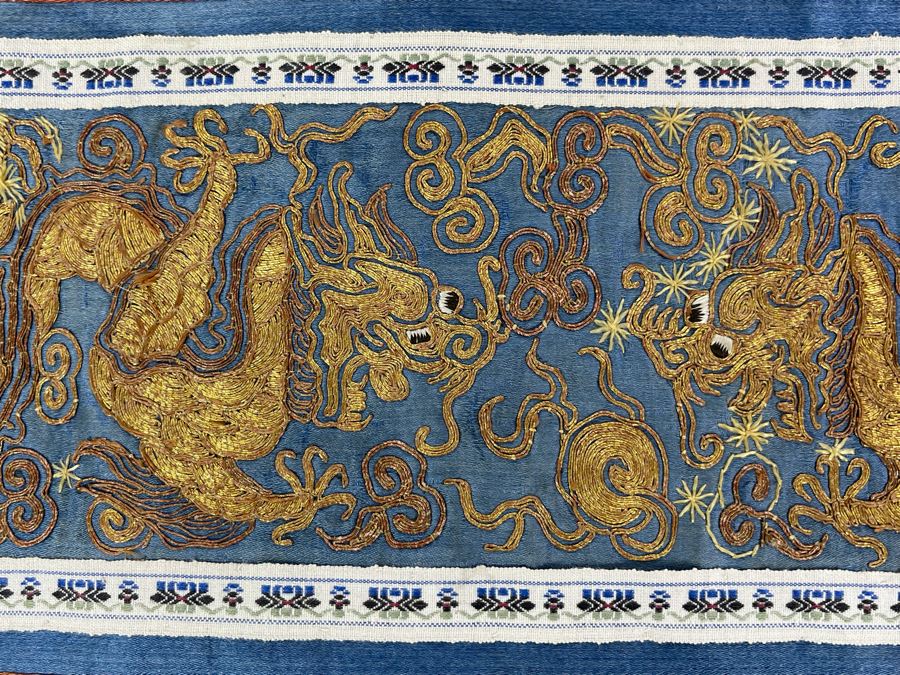 Impressive Chinese Dragon Gold Silk Embroidery On Blue Background 9W X 25L [Photo 7]