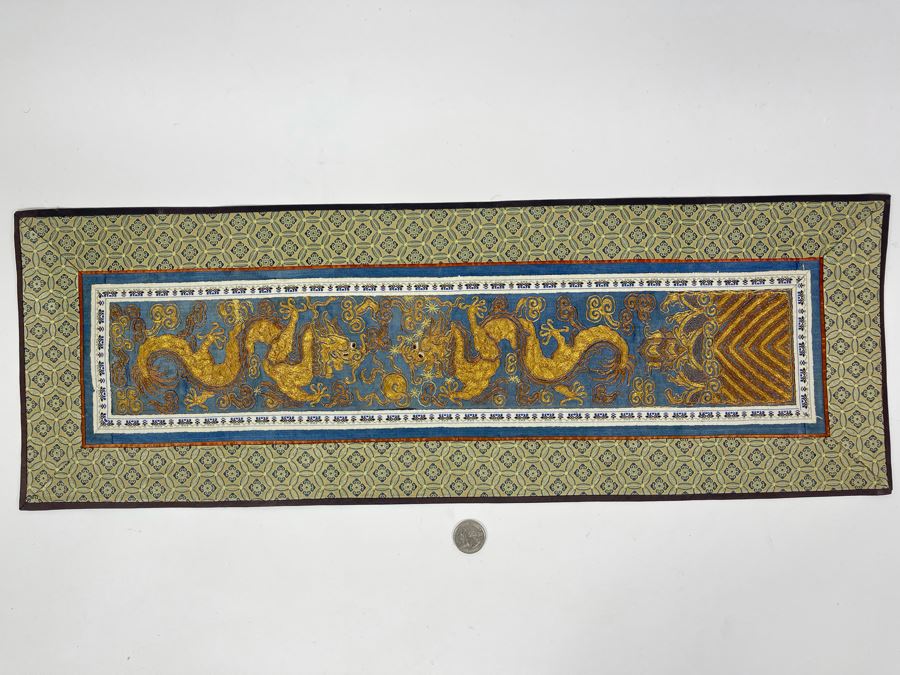 Impressive Chinese Dragon Gold Silk Embroidery On Blue Background 9W X 25L [Photo 2]