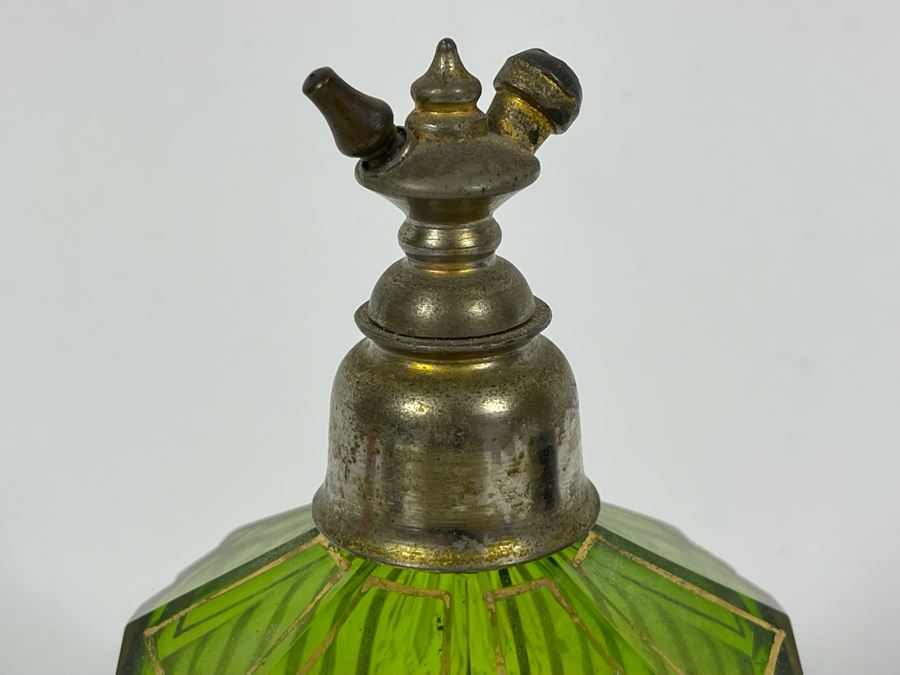 Antique Etched Green Glass Gold Decorated Perfume Bottle 6H [Photo 7]