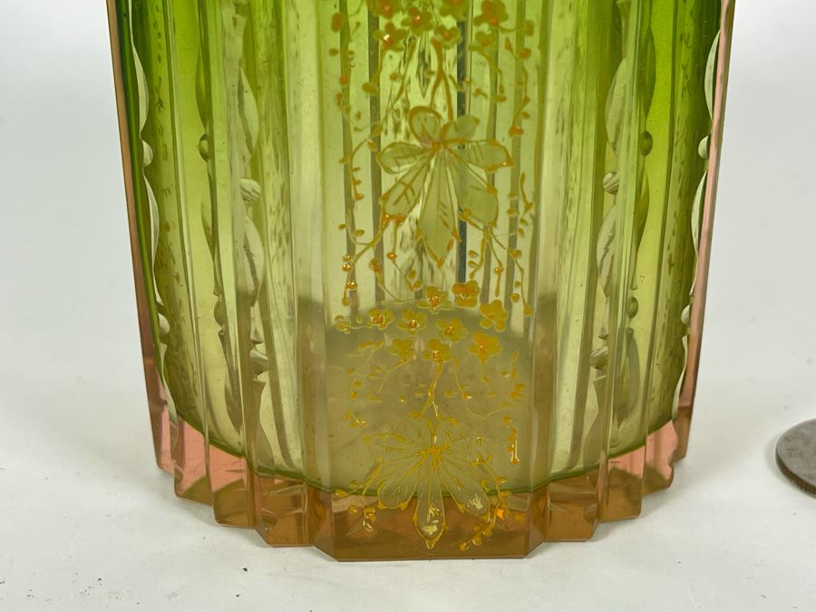 Antique Etched Green Glass Gold Decorated Perfume Bottle 6H [Photo 6]