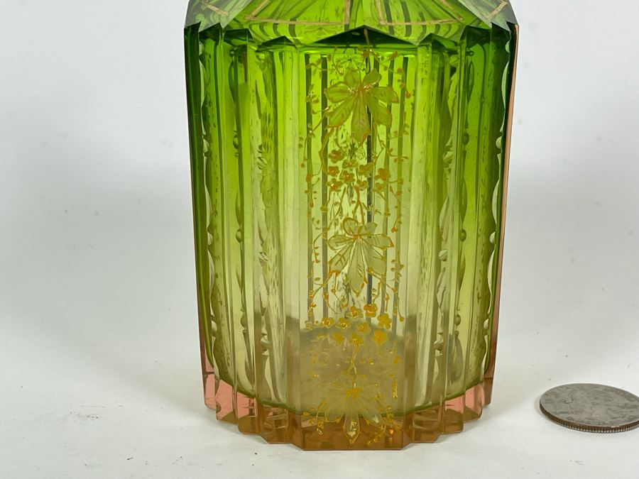 Antique Etched Green Glass Gold Decorated Perfume Bottle 6H [Photo 3]