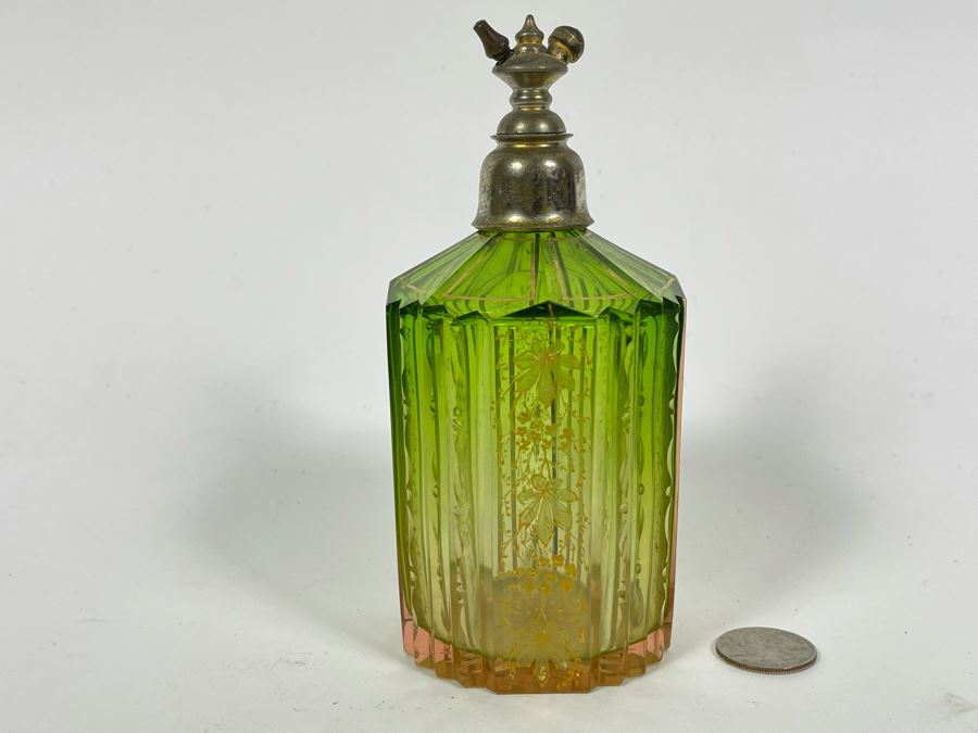 Antique Etched Green Glass Gold Decorated Perfume Bottle 6H [Photo 1]