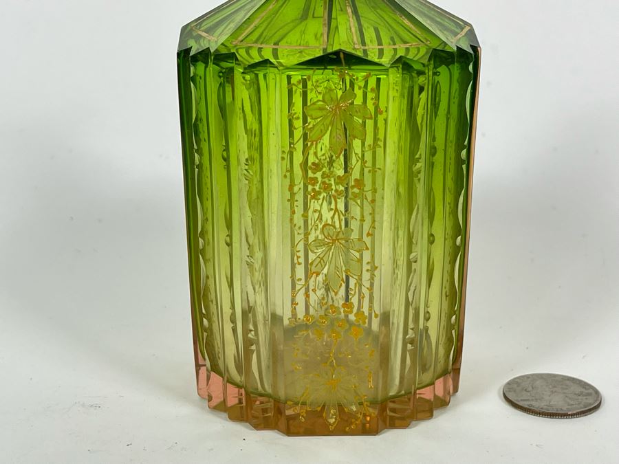 Antique Etched Green Glass Gold Decorated Perfume Bottle 6H [Photo 4]