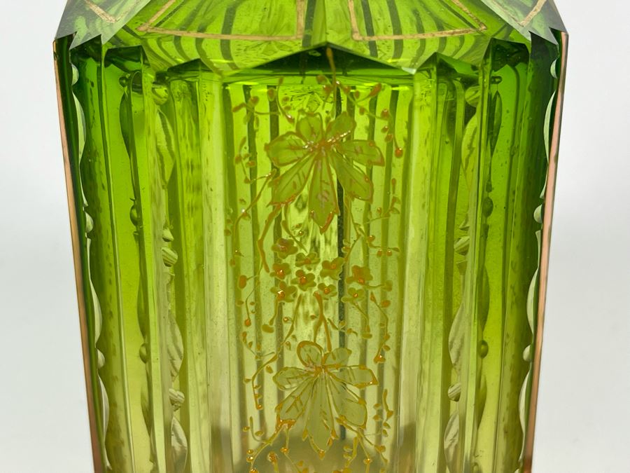 Antique Etched Green Glass Gold Decorated Perfume Bottle 6H [Photo 5]