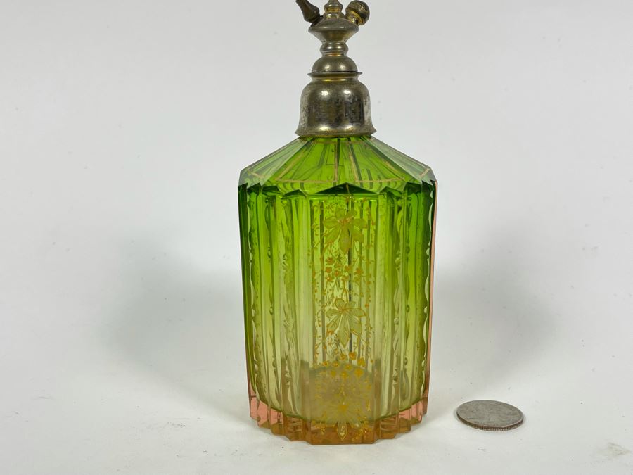 Antique Etched Green Glass Gold Decorated Perfume Bottle 6H [Photo 2]