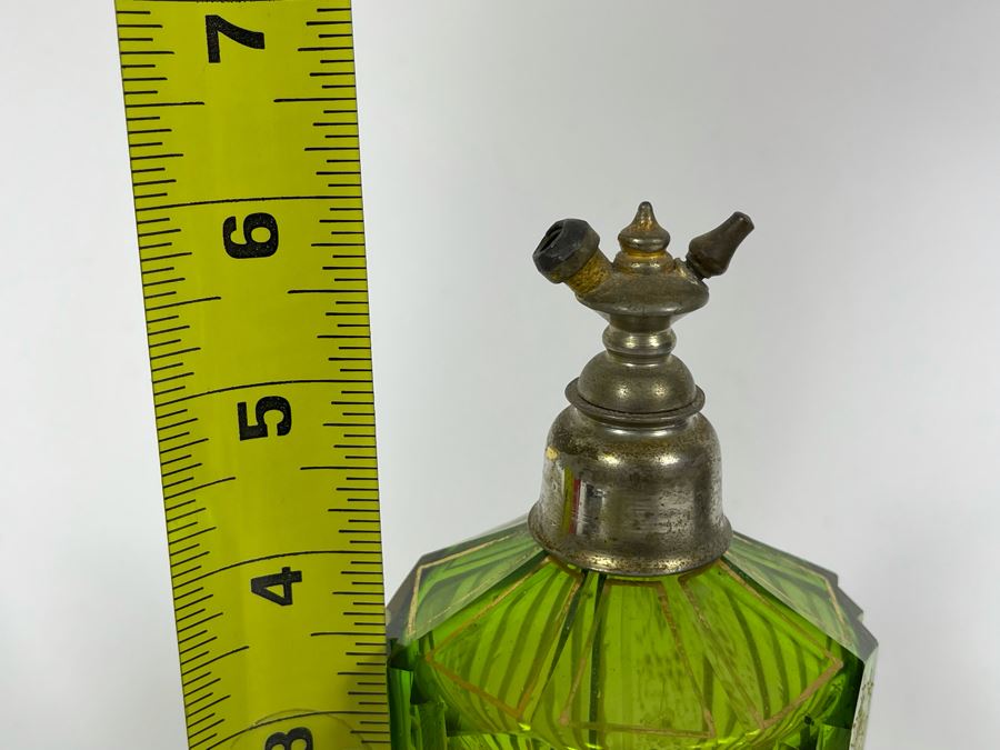 Antique Etched Green Glass Gold Decorated Perfume Bottle 6H [Photo 9]