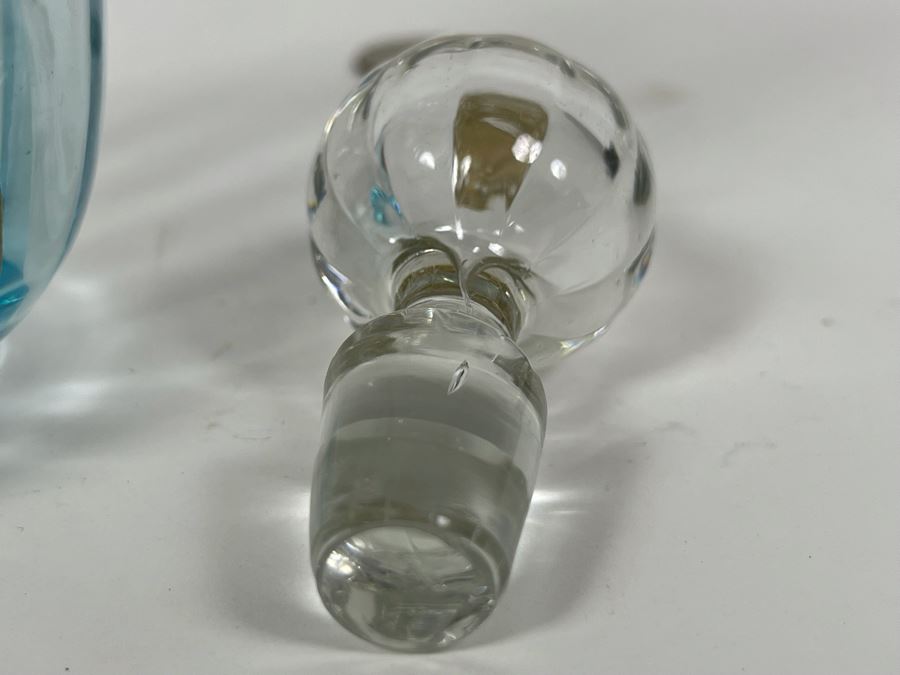 Hand Blown Blue Glass Gold Painted Pitcher With Stopper [Photo 11]